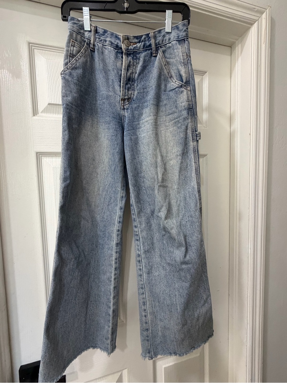 S.O.N.G. High Rise Wide Leg Carpenter Utility Jeans Y2K Raw Hem Blue Size 0 24 - Picture 5 of 9